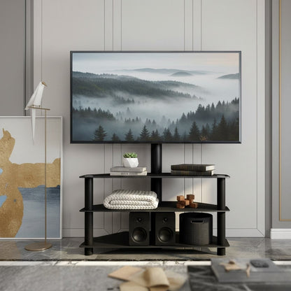 Height-adjustable TV stand with 45-degree swivel and three-tier AV storage for 32-65 inch TVs.