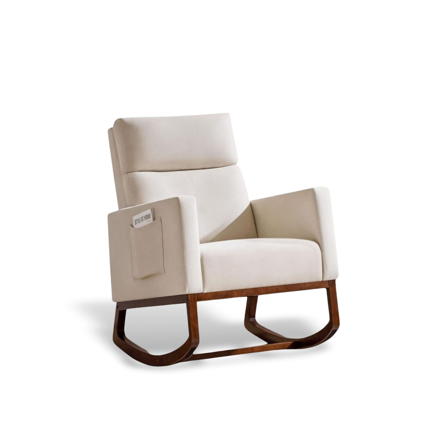 Hybrid upholstered Adirondack rocker in cream fabric with a natural wood base; includes a convenient side storage pocket for cozy relaxation.
