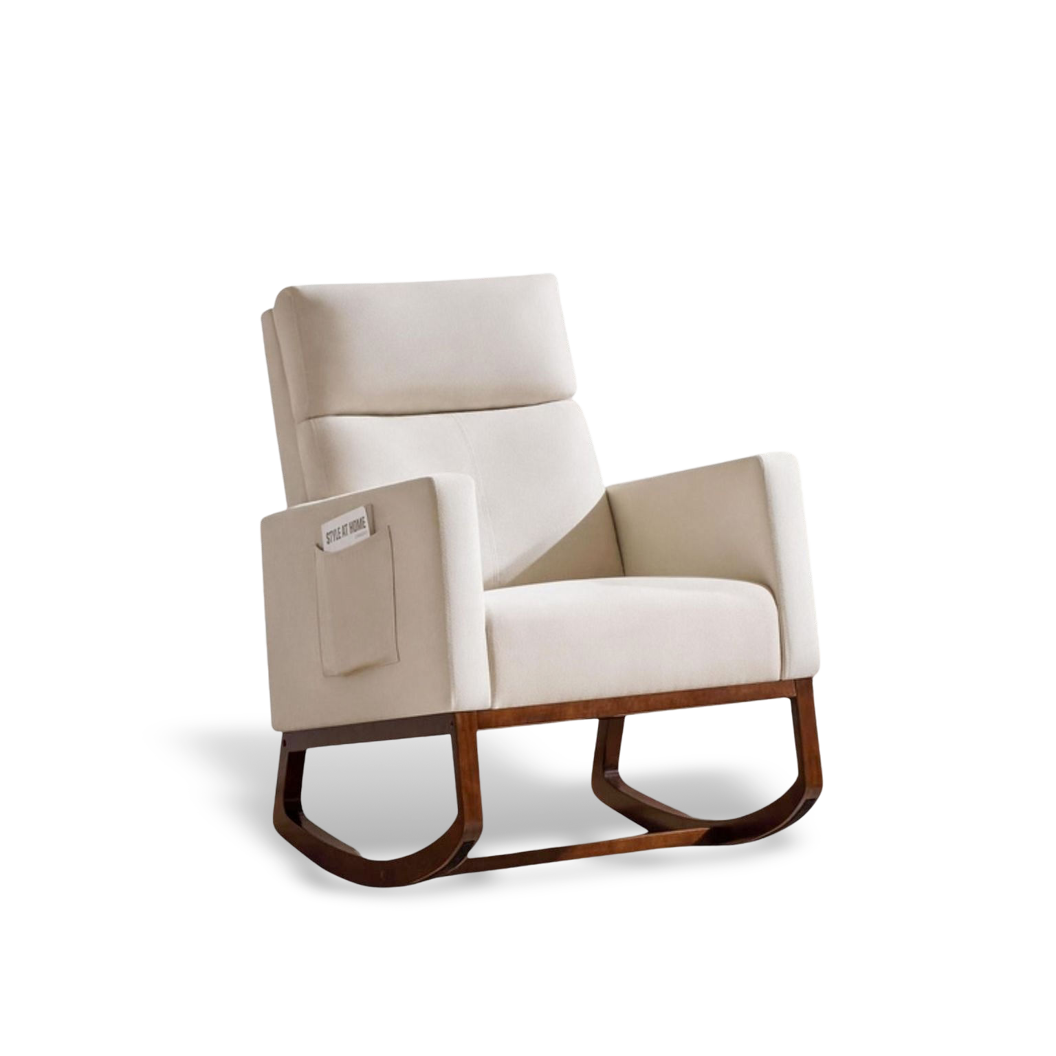 Hybrid upholstered Adirondack rocker in cream fabric with a natural wood base; includes a convenient side storage pocket for cozy relaxation.