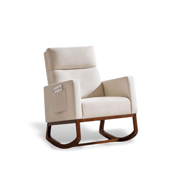 Cream Adirondack rocking chair with side pocket on a wooden base for cozy relaxation.