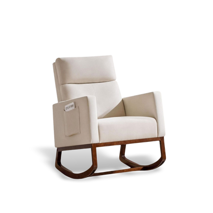 Wood-base rocking chair with side storage pocket, shown in a cream fabric finish against a #f3f3f3 studio backdrop.