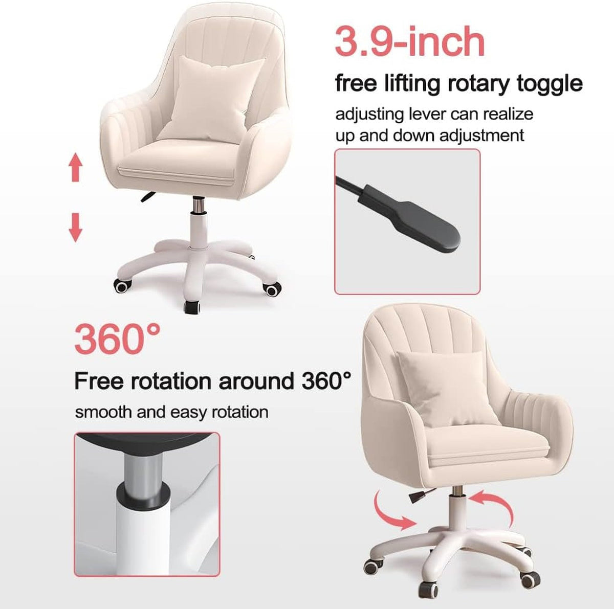 Velvet mid-back office chair with adjustable height, cushioned seat, curved back, 360° swivel (feature callout)