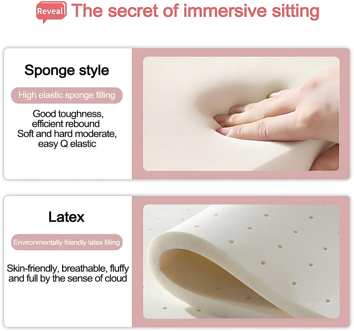 Infographic illustrating sponge-style high-elastic foam and latex cushion fillings (feature callout)