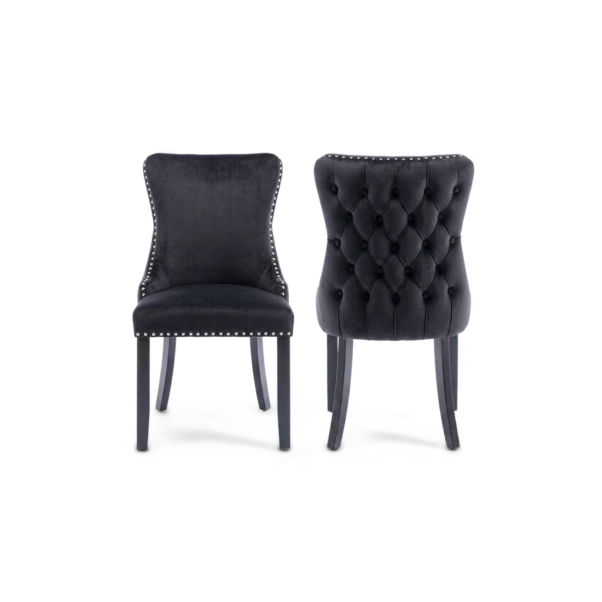 Pair of black velvet wingback dining chairs with nailhead trim, front and back view (plain studio)