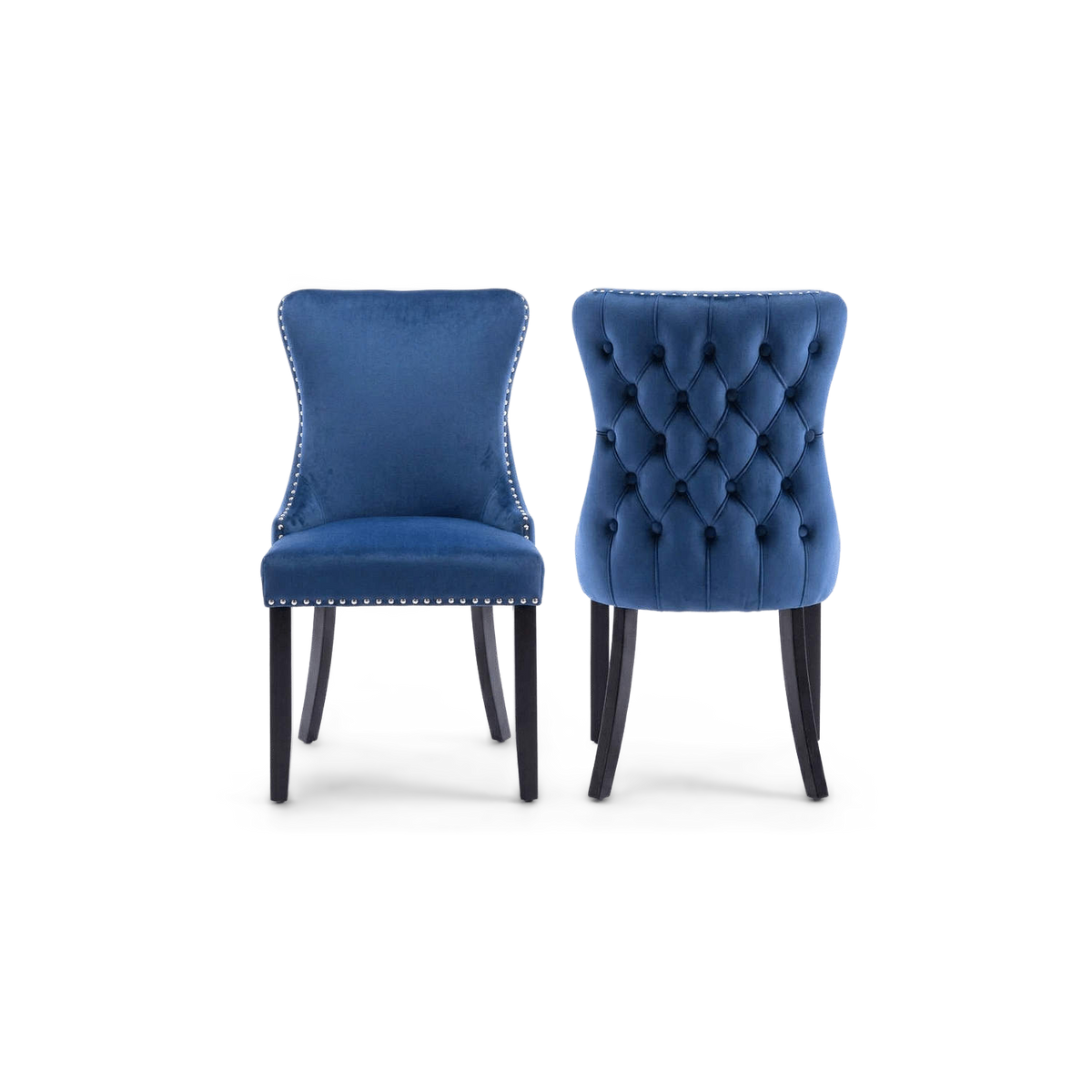 Pair of navy blue velvet wingback dining chairs with nailhead trim and black legs, front and back view (plain studio)