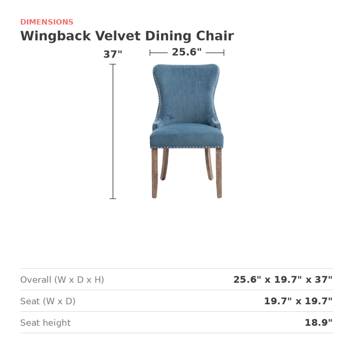 Size guide for the velvet wingback dining chair with width, depth, height and seat measurements (dimensions)