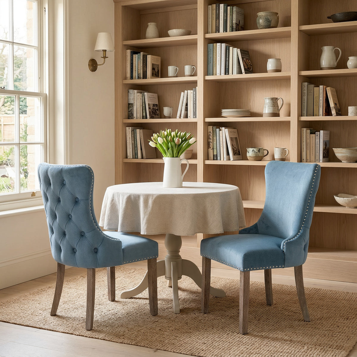 Two light blue velvet wingback dining chairs at a round linen-covered table in a sunny nook beside an oak bookshelf