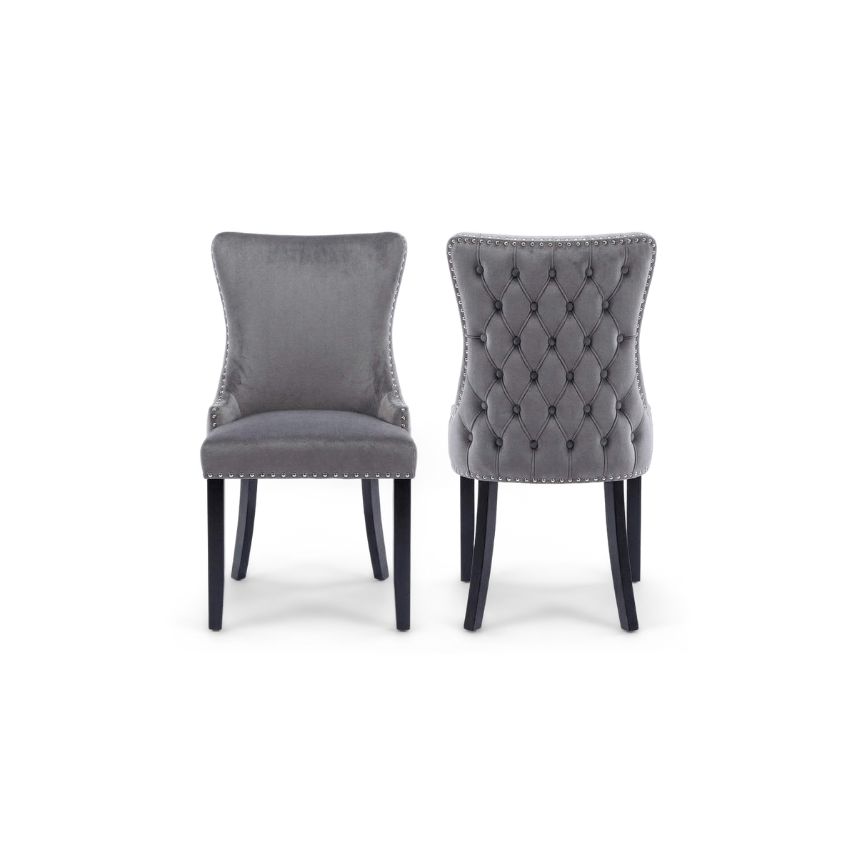 Pair of gray velvet wingback dining chairs with nailhead trim and black legs, front and back view (plain studio)
