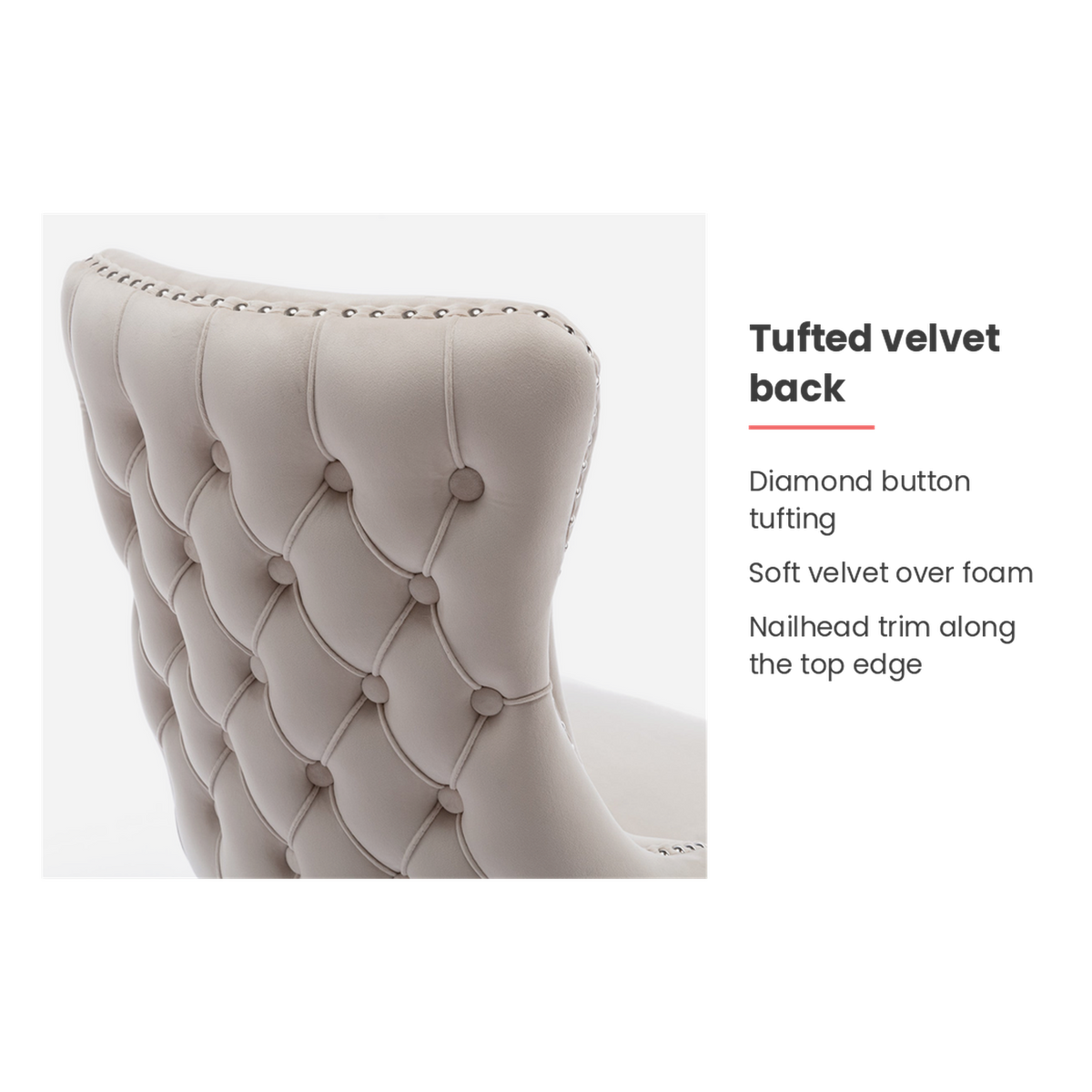 Tufted velvet back feature card for the wingback dining chair (feature callout)