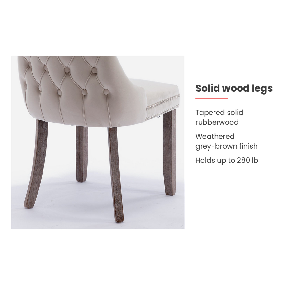 Solid wood legs feature card for the wingback dining chair (feature callout)