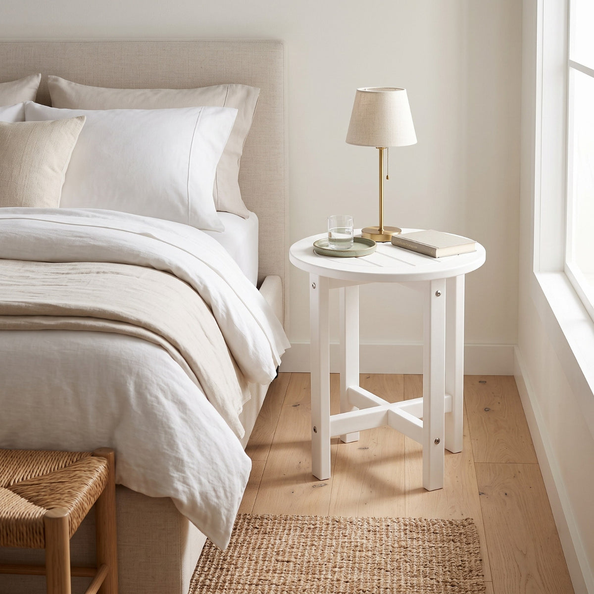 A white round wooden nightstand beside a neatly made bed in a bright, neutral bedroom