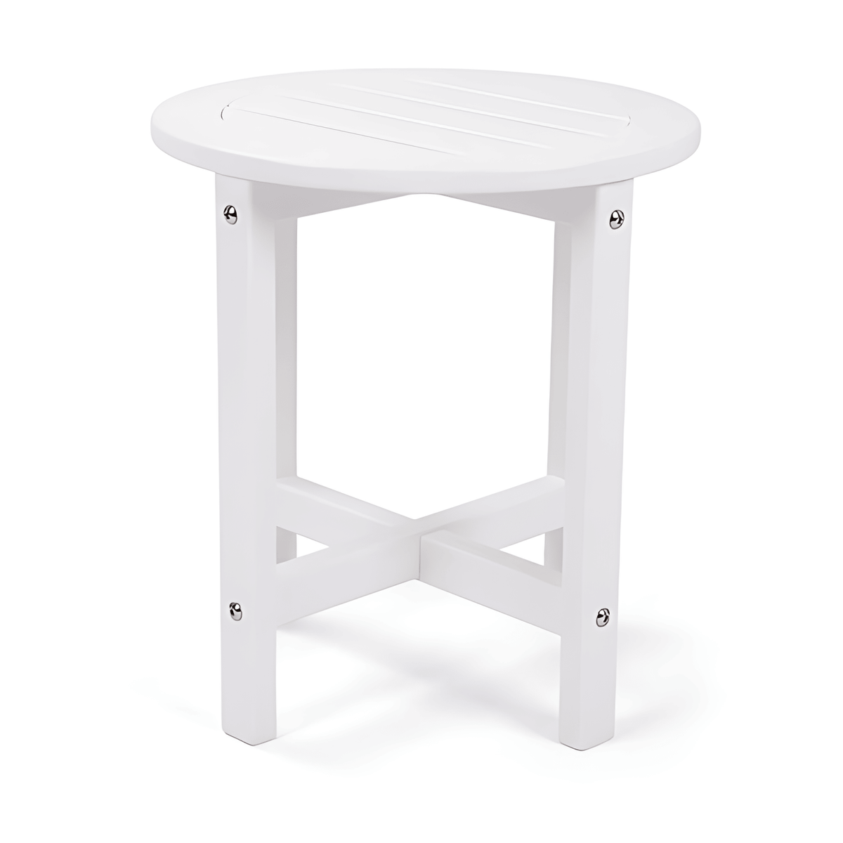 A white round outdoor side table with a slatted top and four legs connected by an X-shaped cross brace