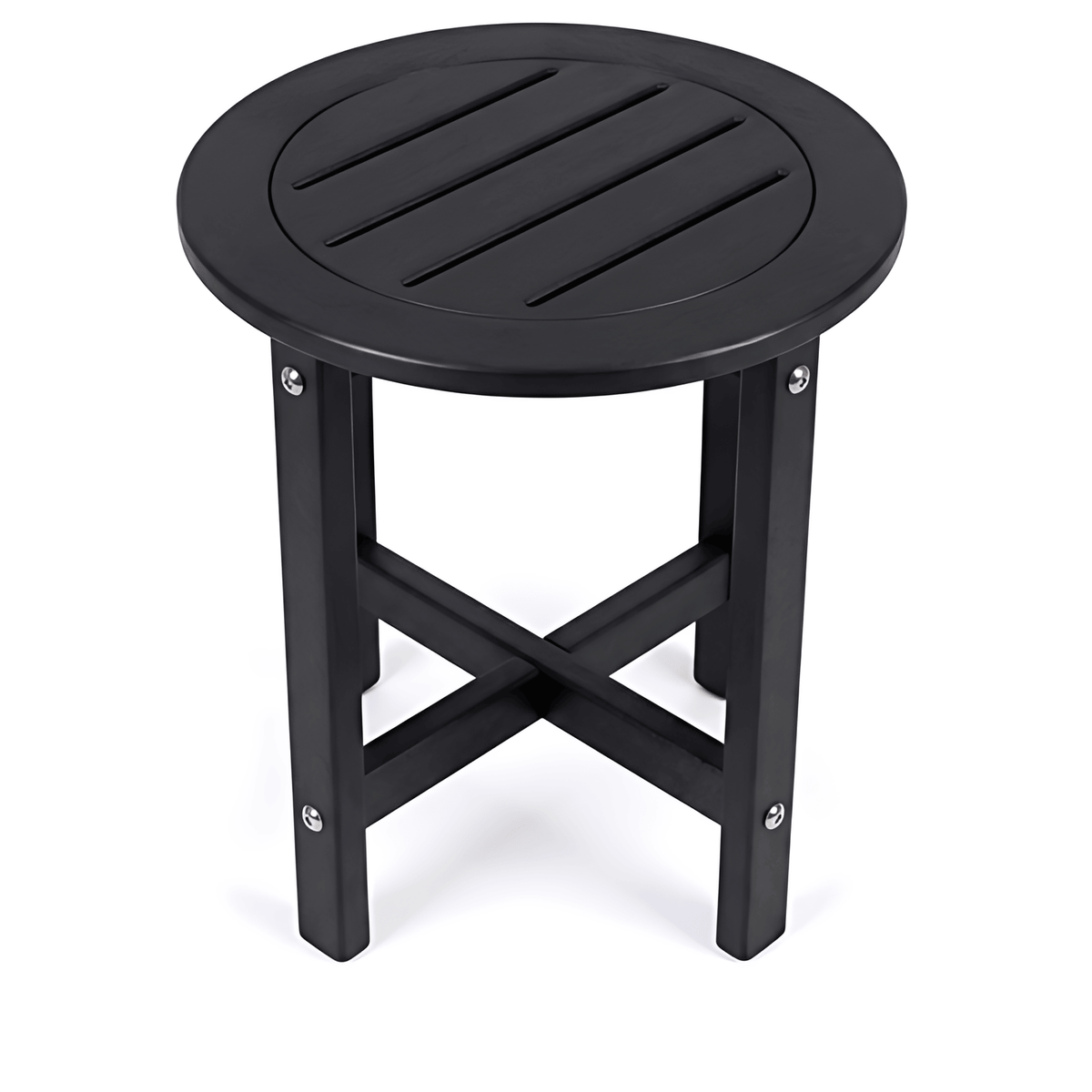 A black round outdoor side table with a slatted top and four legs, shown on a white background.