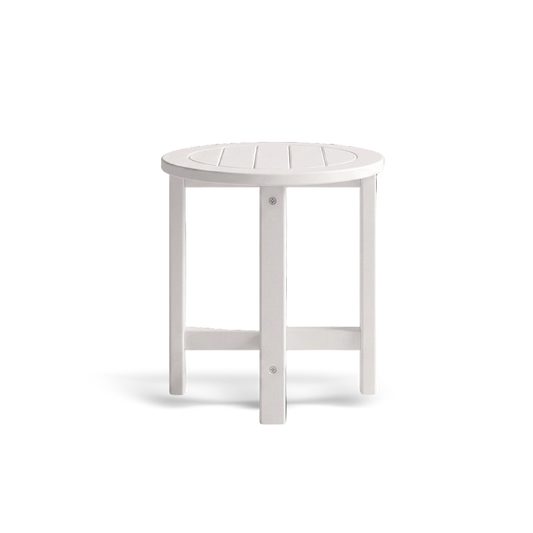 Detailed view of the 15.94-inch round HDPE tabletop on a #f3f3f3 studio background.