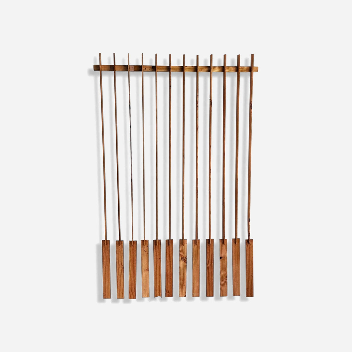 Vertical wood slat wall art, 48 inch floating sculpture, front view
