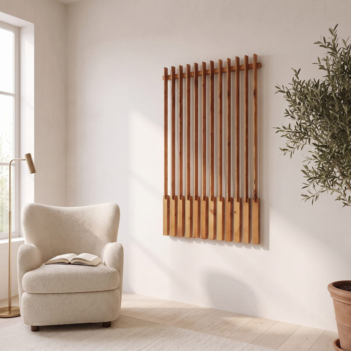 Vertical wood slat wall art in a reading corner, closer view beside an armchair