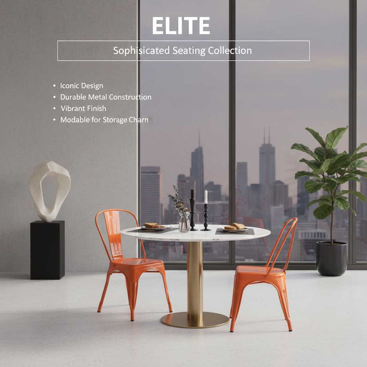 Vibrant rust stackable metal dining chairs beside a round white table in a modern city dining space.