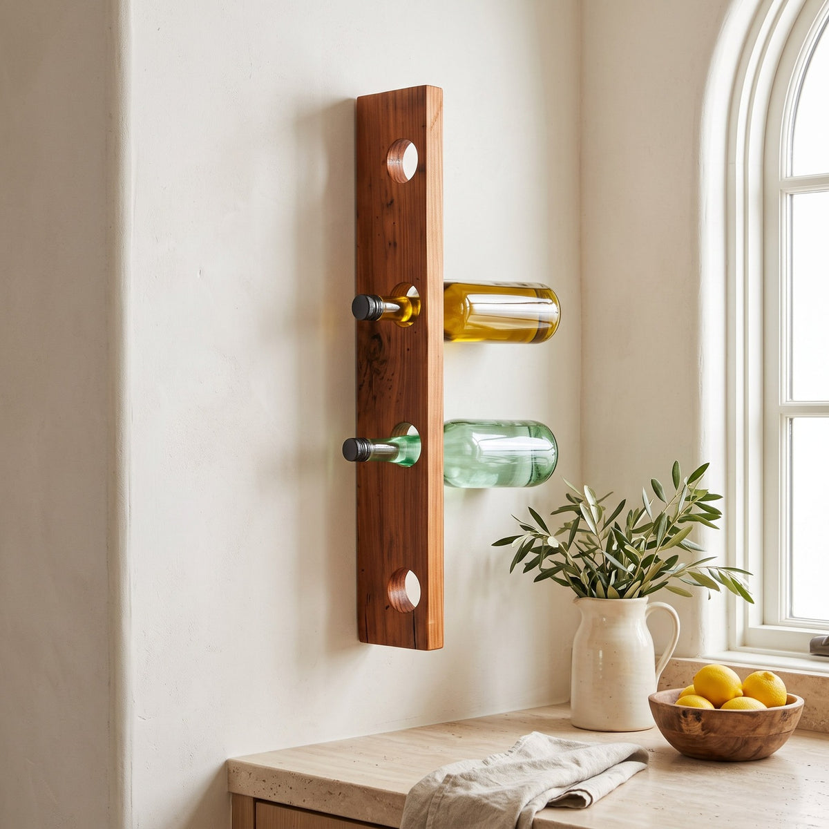 Reclaimed wood bottle rack on a limewashed kitchen wall beside an arched window