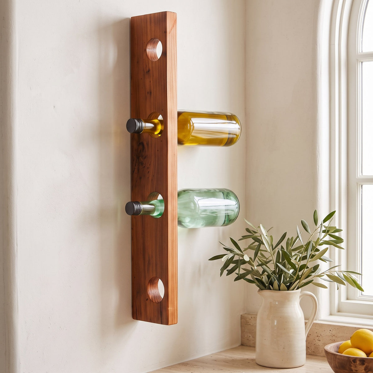 Close view of olive oil and water bottles resting in a reclaimed wood wall rack in a limewashed kitchen