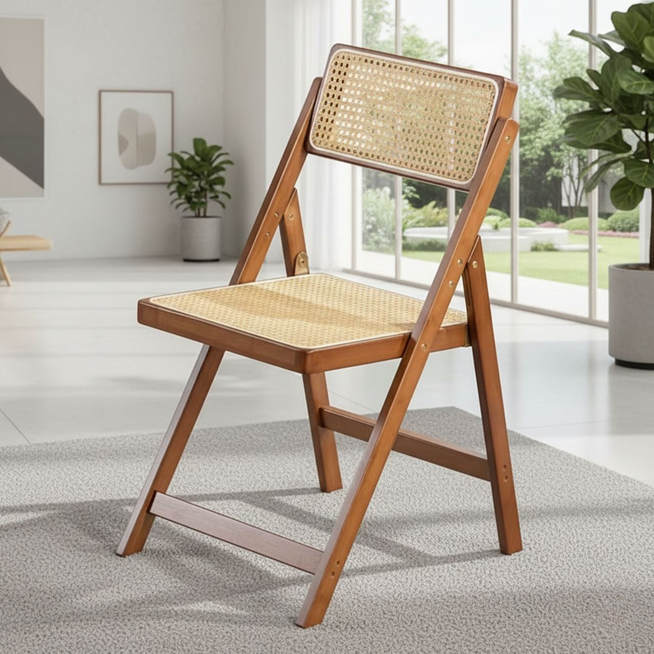 Rattan folding chair with walnut-finish bamboo frame, breathable hand-woven seat and back for indoor/outdoor dining.