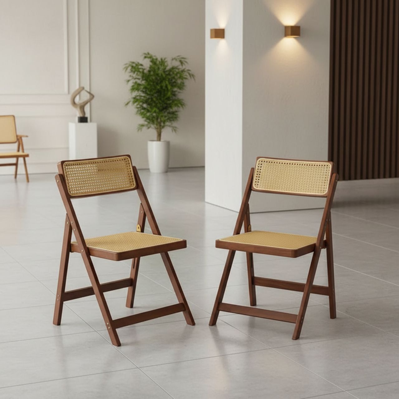 walnut-finish rattan folding chairs with bamboo frames and woven seats and backs for indoor outdoor dining.