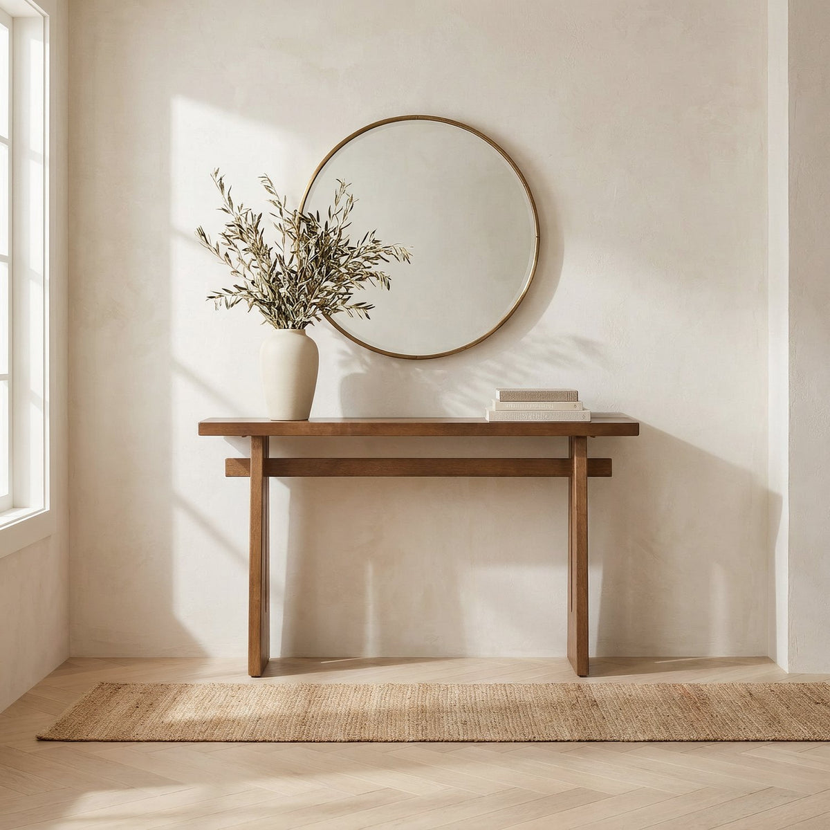 Console in a sunlit entry hall under a round brass mirror
