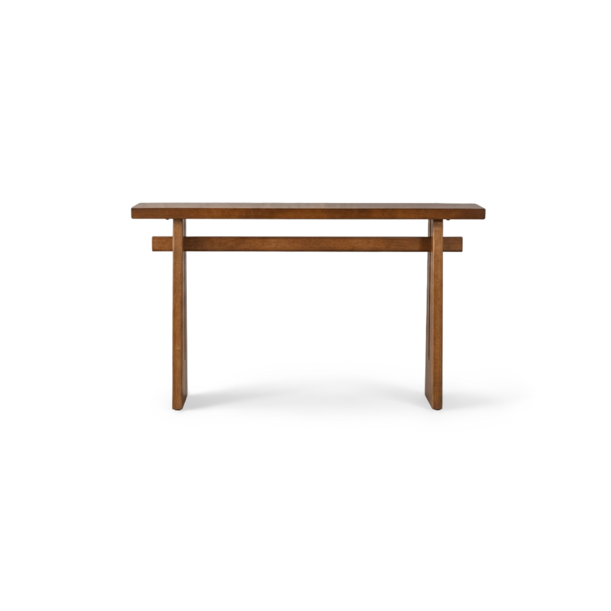 Walnut console table with trapezoid legs, front view (plain studio)