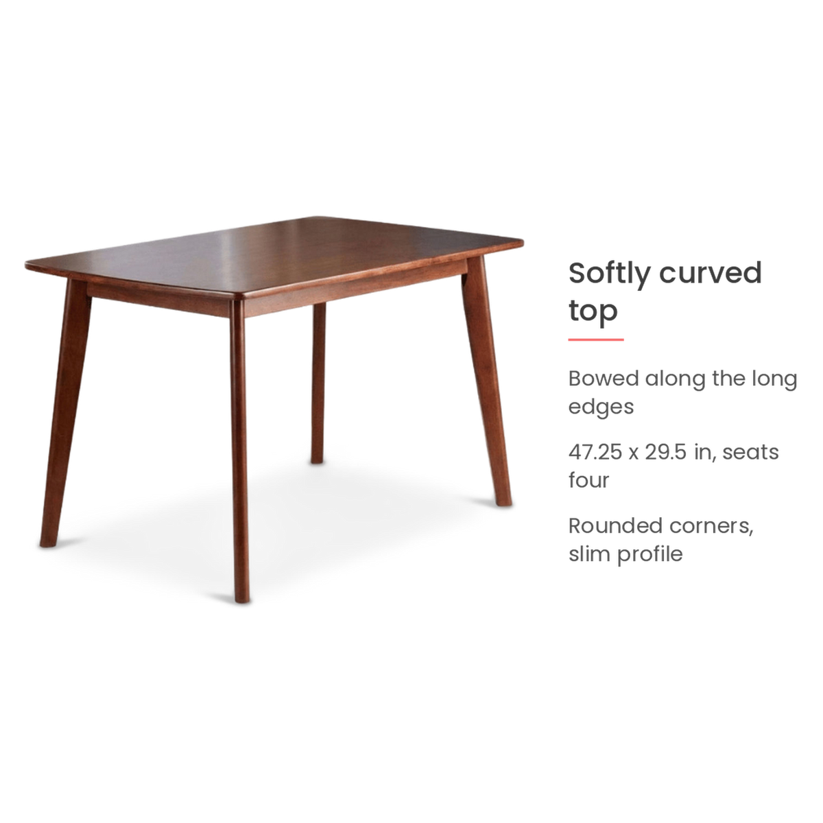 Spec card on the softly curved tabletop (feature callout)