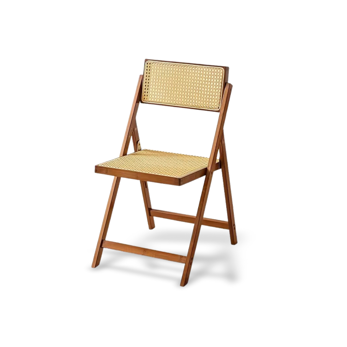 Hand-woven rattan folding chair with a walnut-finished bamboo frame; premium indoor-outdoor dining chair featuring a natural woven seat and back.