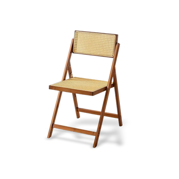 Hand-woven rattan folding chair with a walnut-finished bamboo frame; premium indoor-outdoor dining chair featuring a natural woven seat and back.