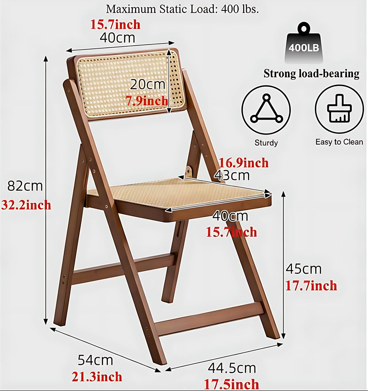Rattan folding chair in walnut finish with woven seat and back, bamboo frame for indoor and outdoor dining (feature callout)