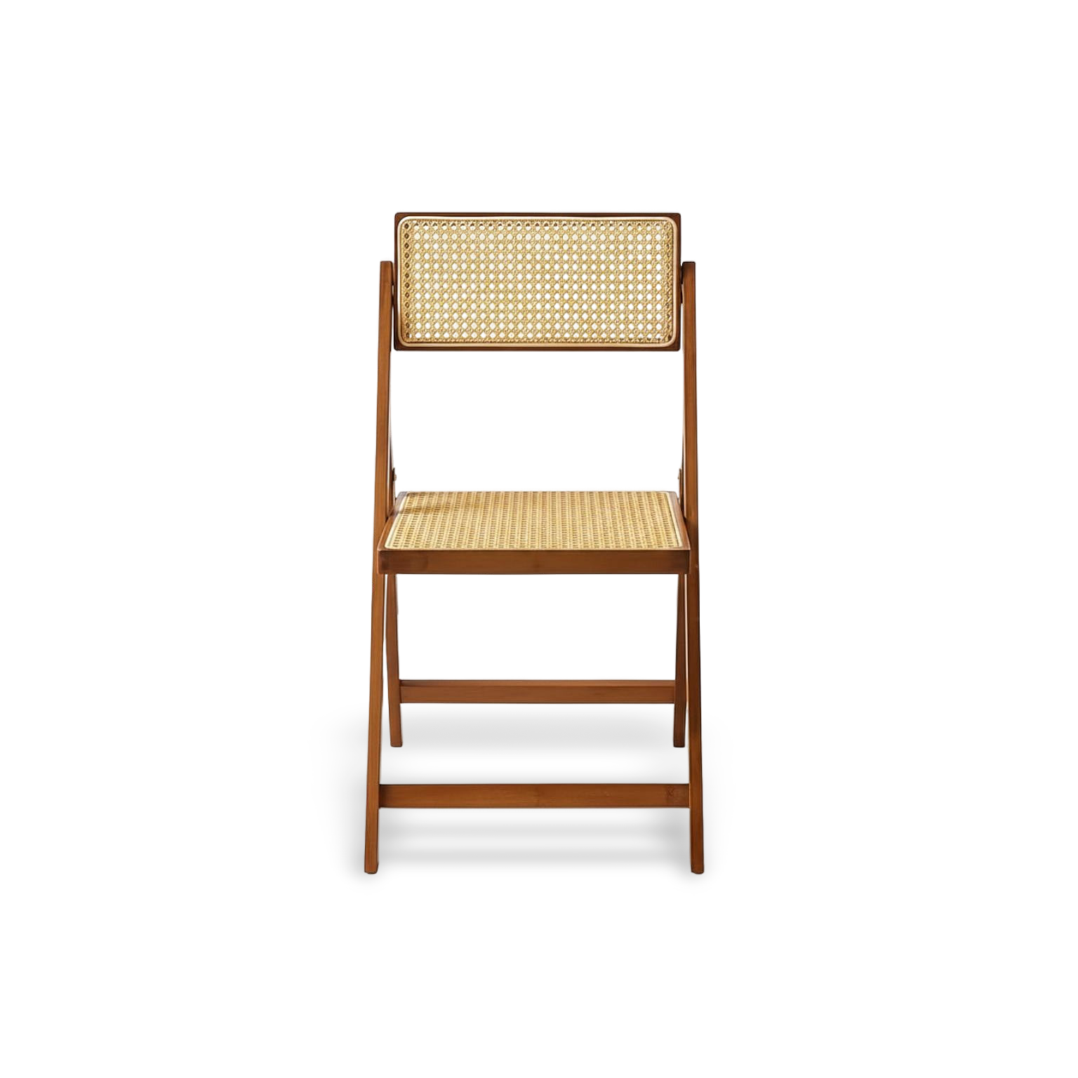 Hand-woven rattan folding chair with a walnut-finished bamboo frame; premium indoor-outdoor dining chair featuring a natural woven seat and back.