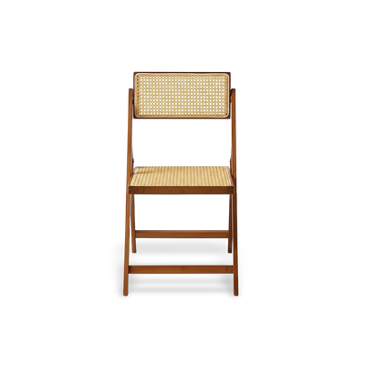 Hand-woven rattan folding chair with a walnut-finished bamboo frame; premium indoor-outdoor dining chair featuring a natural woven seat and back.