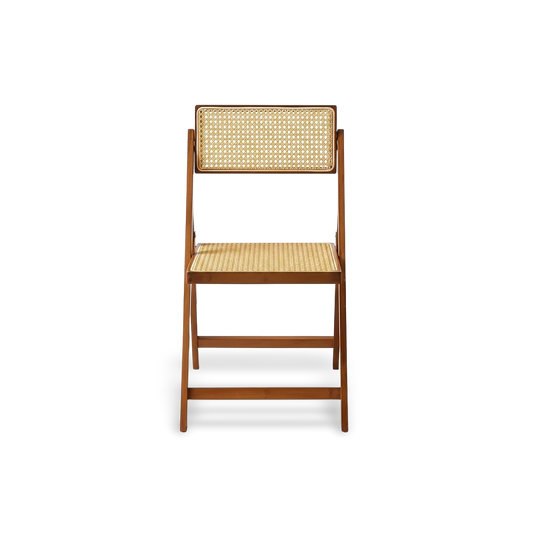 Hand-woven rattan folding chair with a walnut-finished bamboo frame; premium indoor-outdoor dining chair featuring a natural woven seat and back.