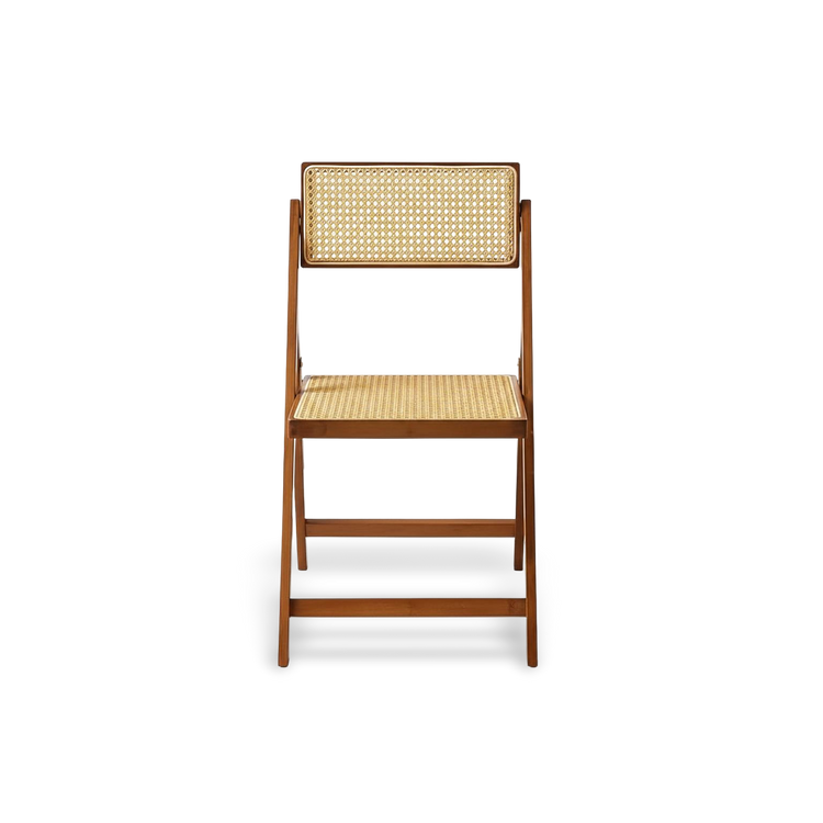 Hand-woven rattan folding chair with a walnut-finished bamboo frame; premium indoor-outdoor dining chair featuring a natural woven seat and back.