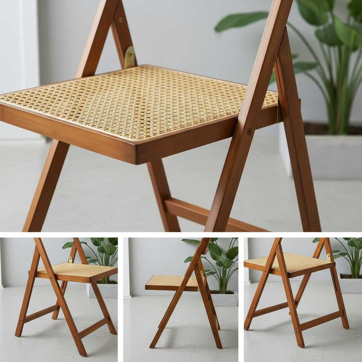 Walnut-finish rattan folding chair with bamboo frame and hand-woven seat for indoor/outdoor dining (feature callout)