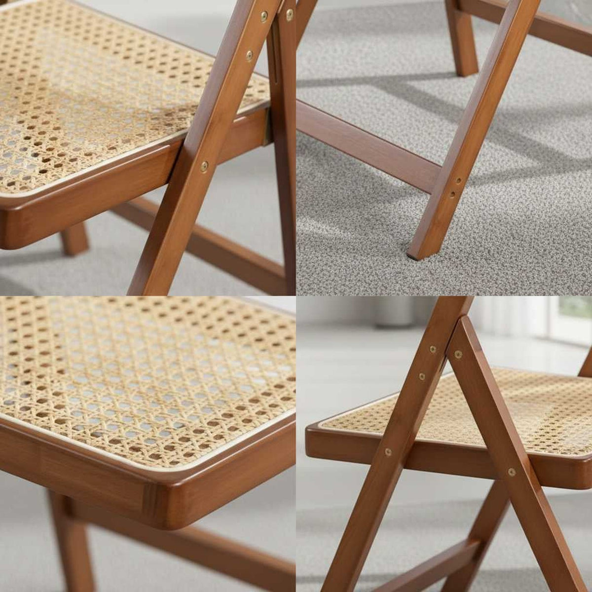 Walnut-finish rattan folding chair with bamboo frame and hand-woven seat and back for indoor/outdoor dining (feature callout)