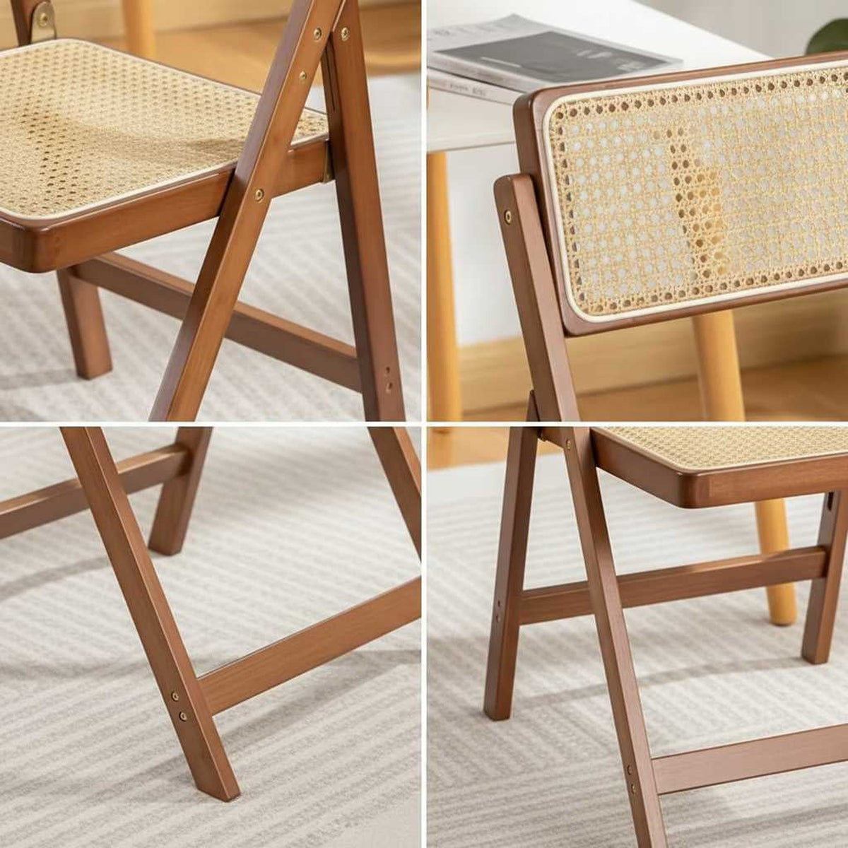 Rattan folding chair with walnut finish, bamboo frame, hand-woven seat and back for indoor/outdoor dining (feature callout)