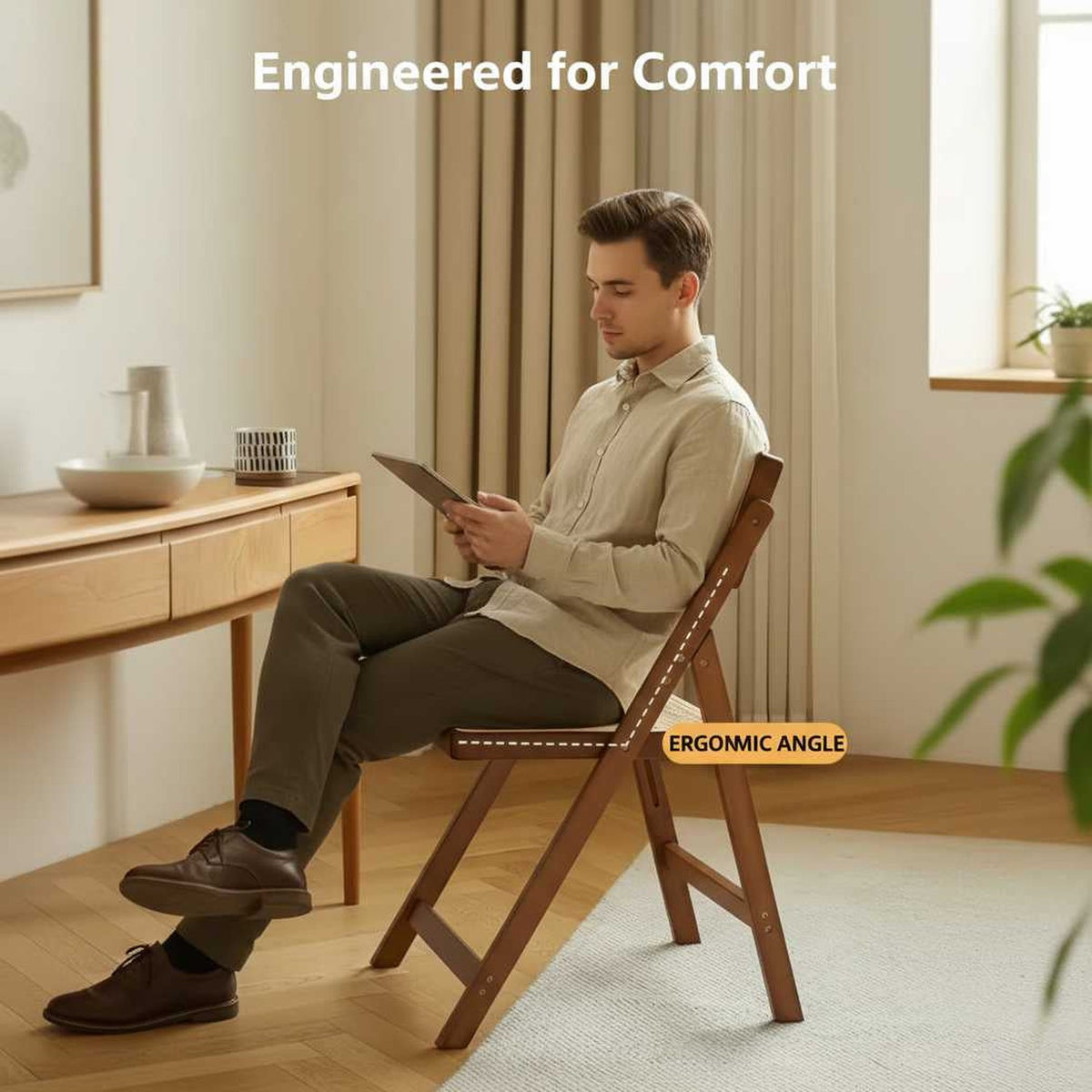 Man sits on walnut-finish rattan folding chair designed for indoor/outdoor dining (feature callout)