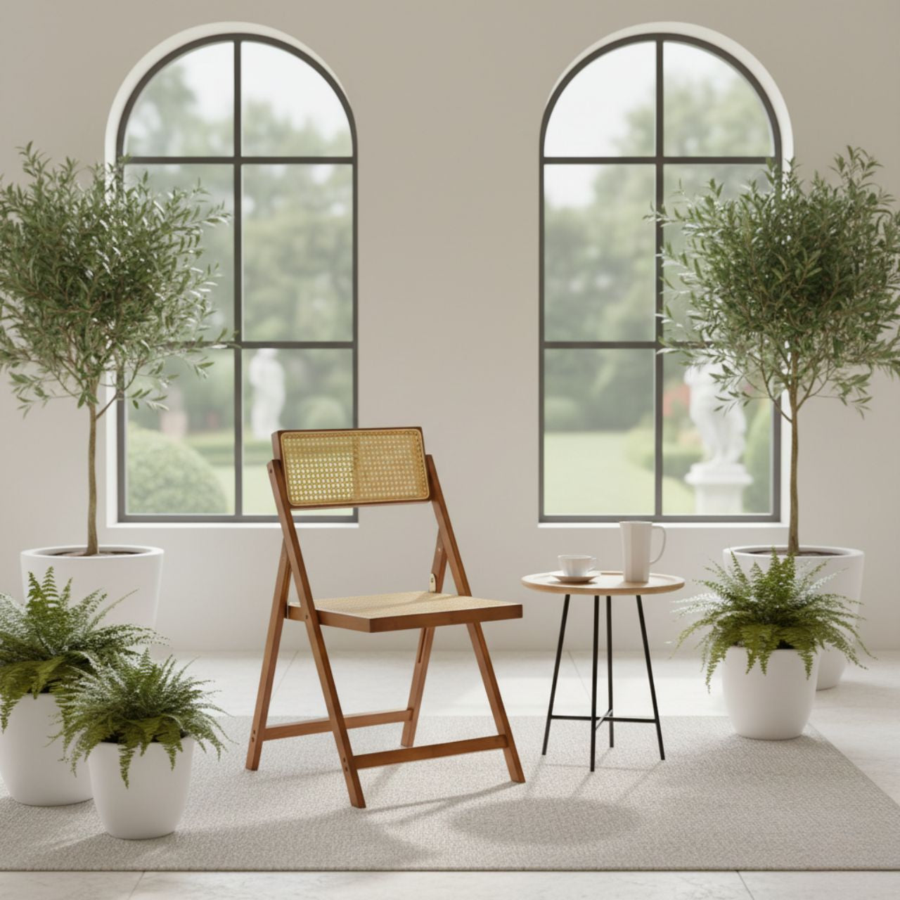 Hand-woven rattan folding chair in a walnut finish styled beside an arched window; premium indoor-outdoor dining chair with a breathable woven seat and back.
