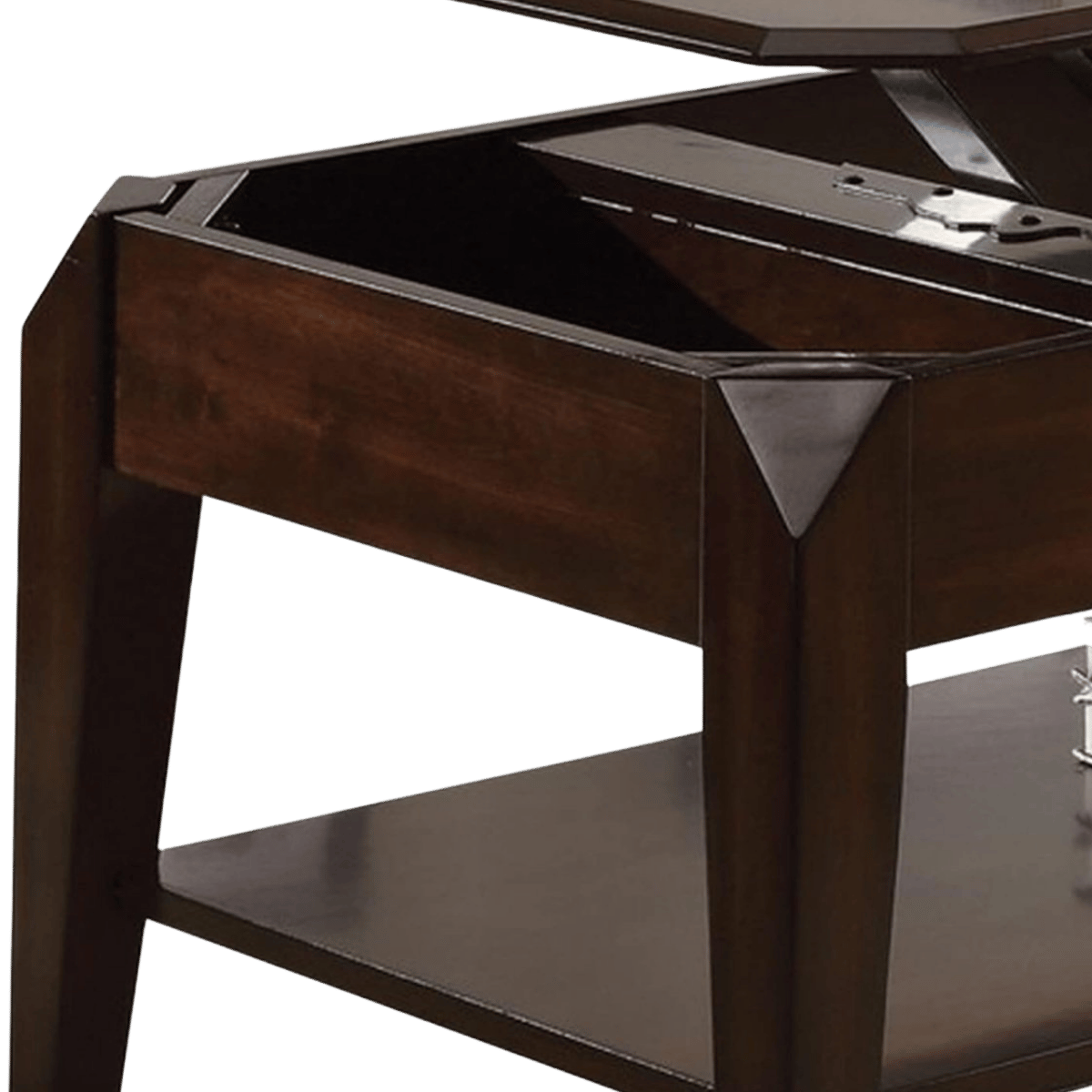 Close-up of a dark brown wooden storage table with a lift-top design, showing the open compartment and lower shelf against a white background.