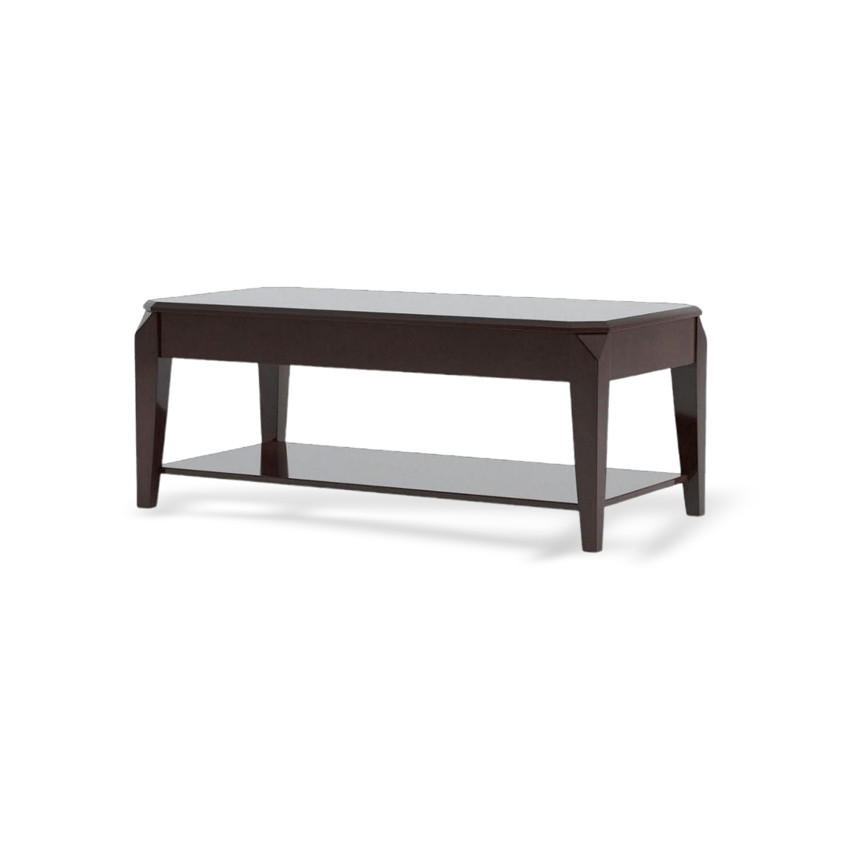 Detail view of the walnut coffee table with its lift-top extended to reveal the large hidden storage compartment.