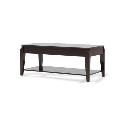 walnut lift-top coffee table with storage compartment open, solid wood construction