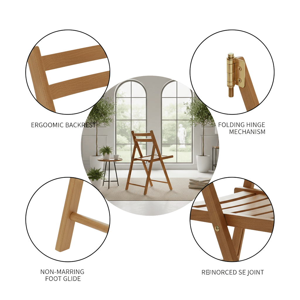 Modern teak folding chair in a warm natural wood tone; stylish indoor-outdoor accent chair that complements minimalist and Japandi-style home interiors.