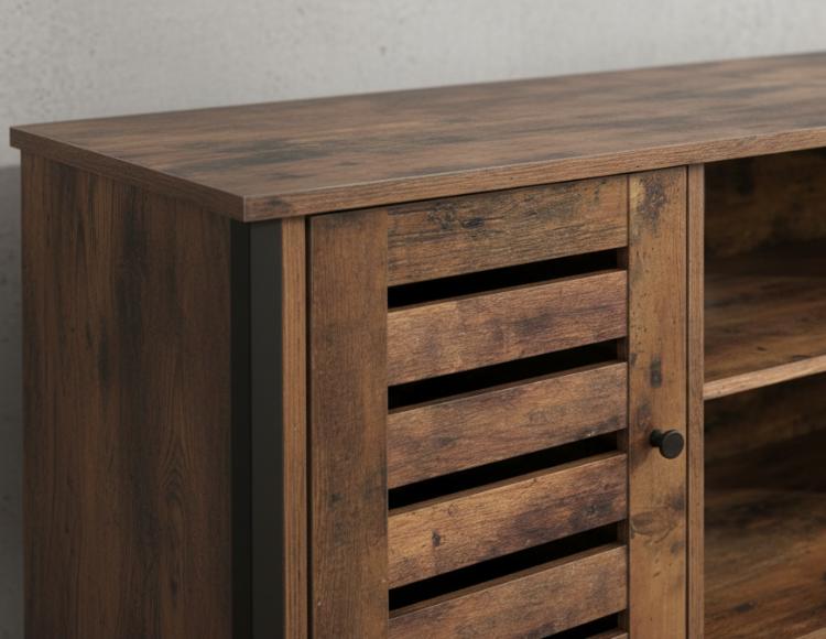 Modern mid-century industrial TV stand with louvered doors, warm wood, and black metal accents.