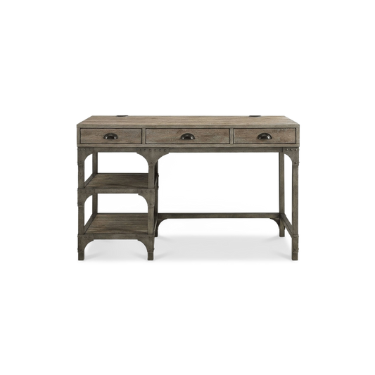 Weathered oak writing desk with three drawers and open shelves on a plain #f3f3f3 studio ground