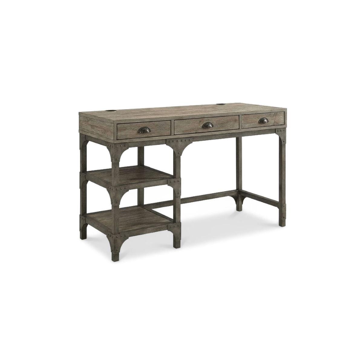 Industrial writing desk with drawers turned at an angle on a plain #f3f3f3 studio ground