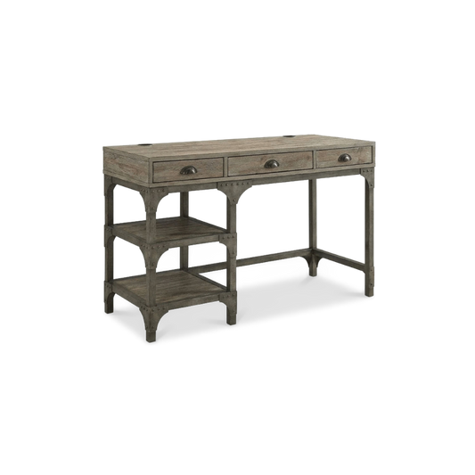 Industrial writing desk with drawers turned at an angle on a plain #f3f3f3 studio ground
