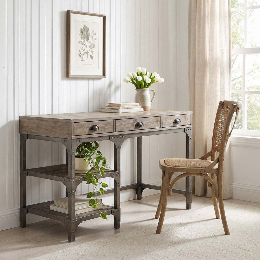 Weathered Oak Writing Desk, Antique Silver Metal Frame