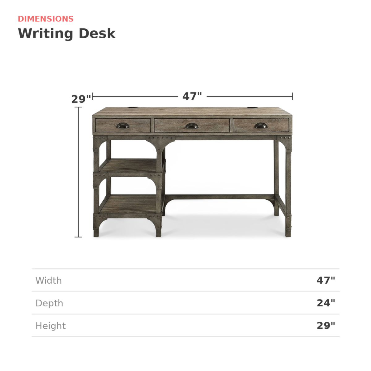 Dimensions card for the oak desk with width, depth and height
